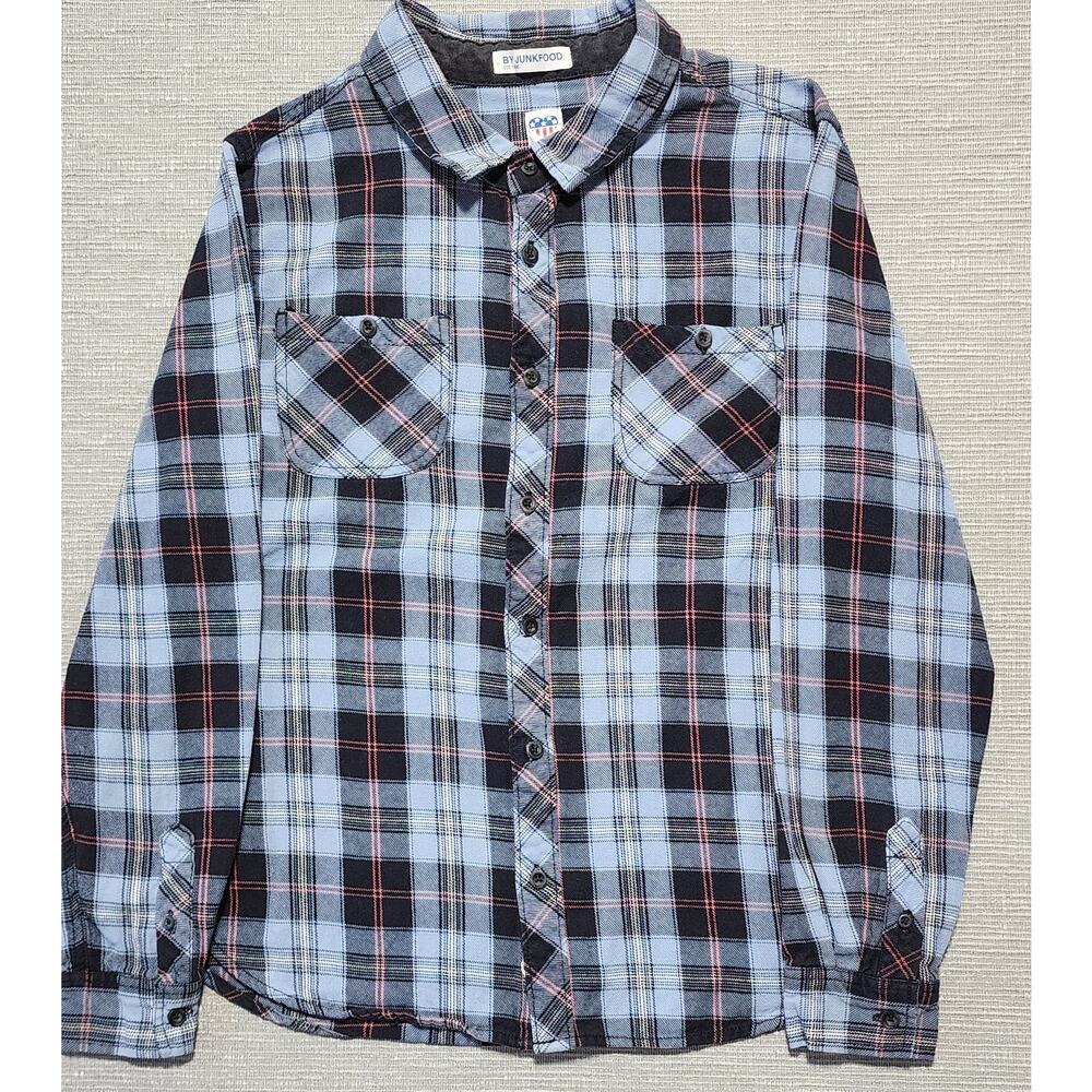 By Junkfood Plaid Flannel Shirt Mens Large Blue Black Long Sleeve Button Up - Picture 2 of 11